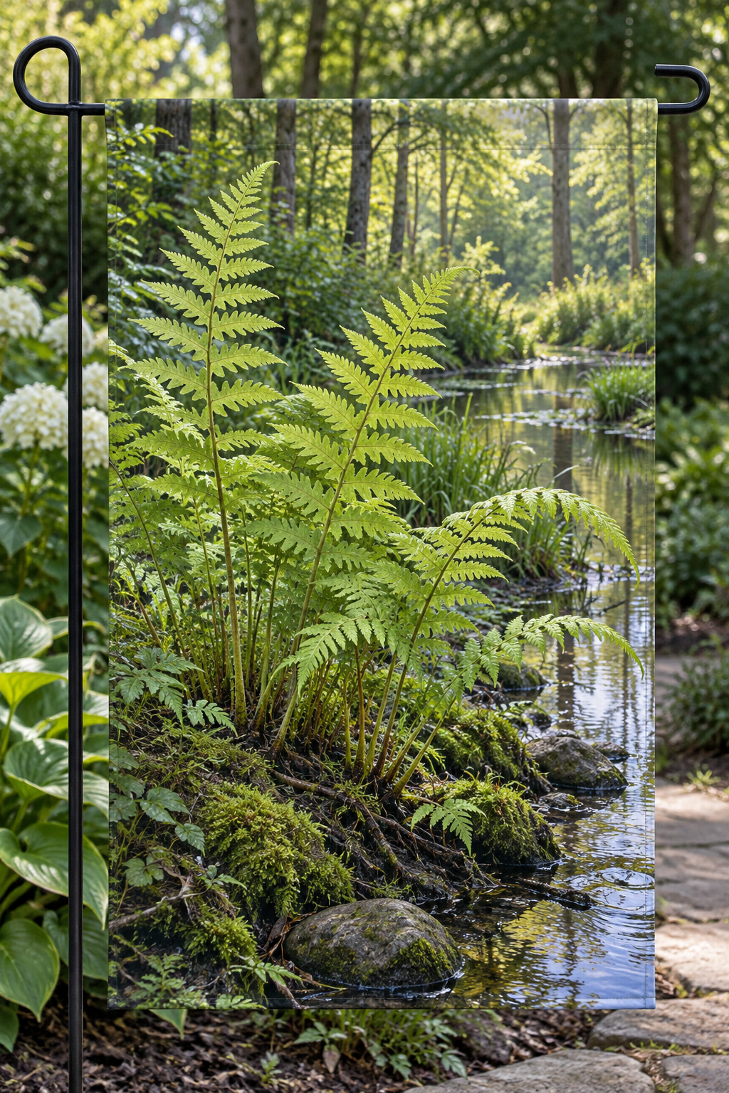 Marsh fern light-green fronds beside deep reflective wetland woodland printed on a complete hemmed garden flag