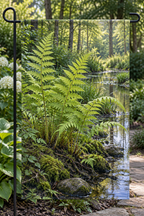 Marsh fern light-green fronds beside deep reflective wetland woodland printed on a complete hemmed garden flag