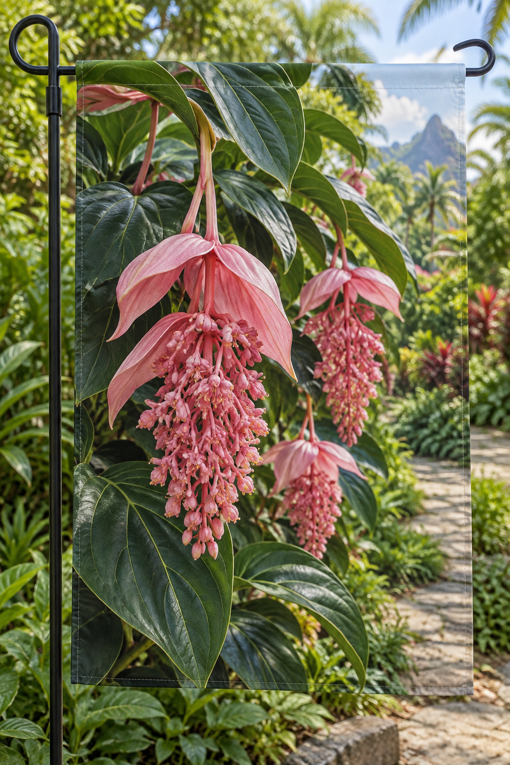 Pendant pink medinilla bracts and flower clusters above a deep tropical garden path printed on a complete hemmed flag
