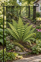 New York fern tapered yellow-green fronds before a deep woodland trail printed on a complete hemmed garden flag