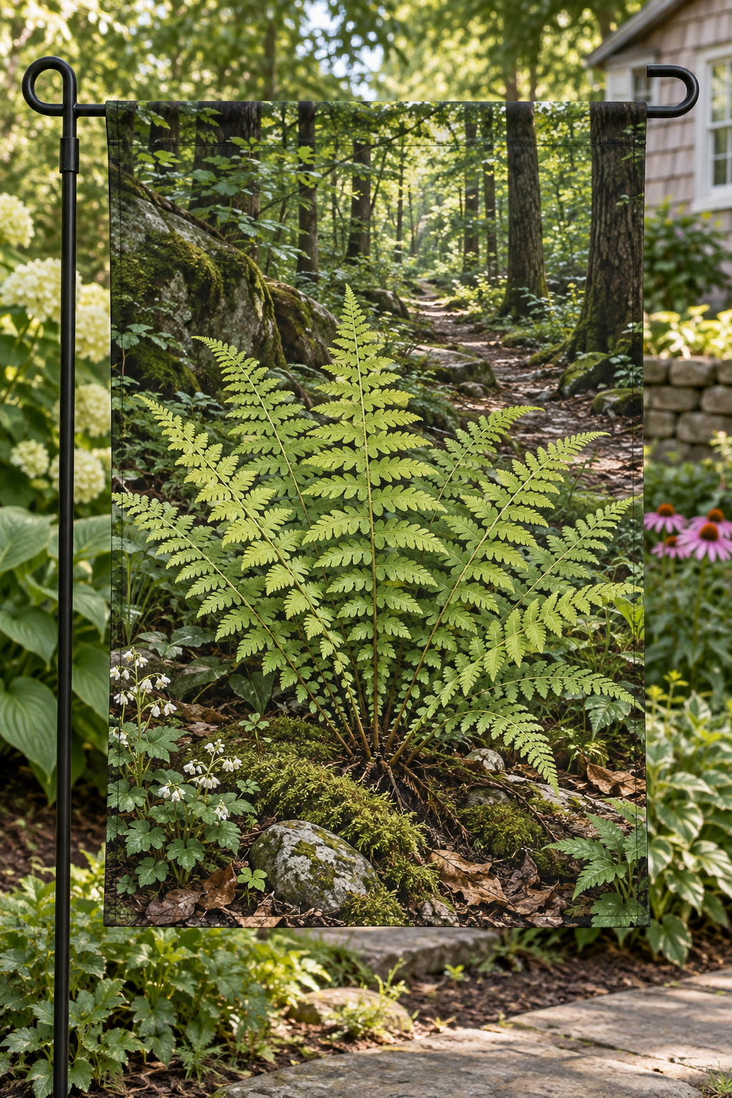 New York fern tapered yellow-green fronds before a deep woodland trail printed on a complete hemmed garden flag