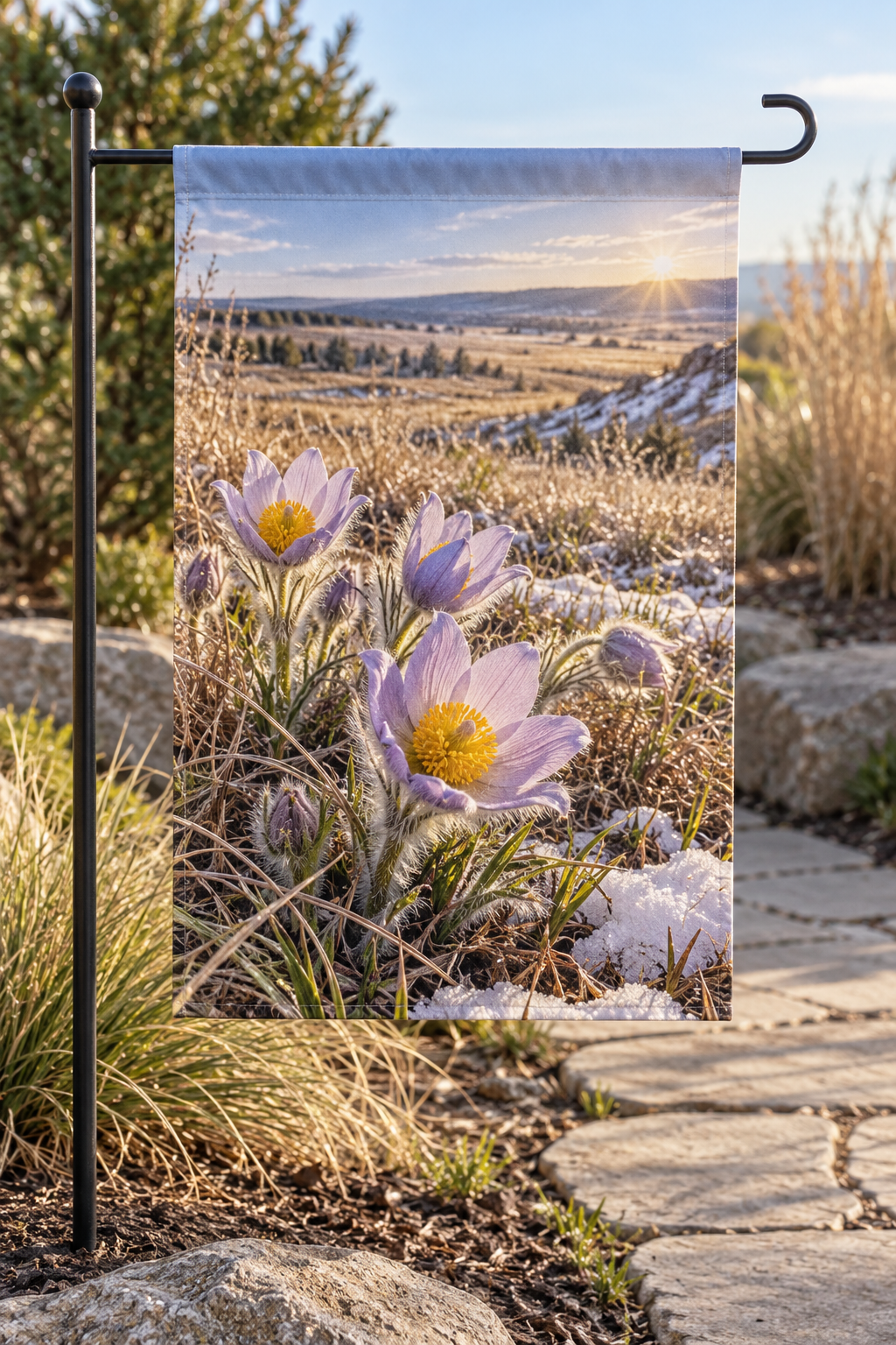 Lavender pasqueflowers and snowy spring prairie printed on a complete rectangular garden flag