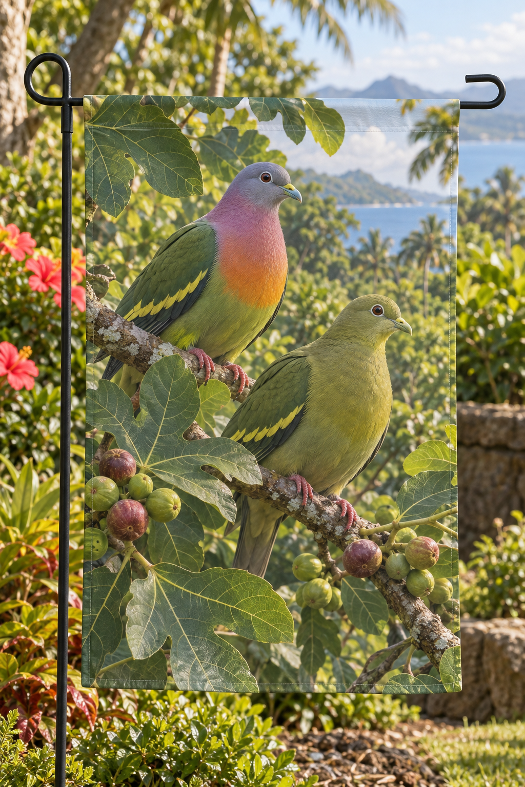 Pink-necked male and green female pigeons among figs before a receding tropical landscape printed on a complete rectangular garden flag