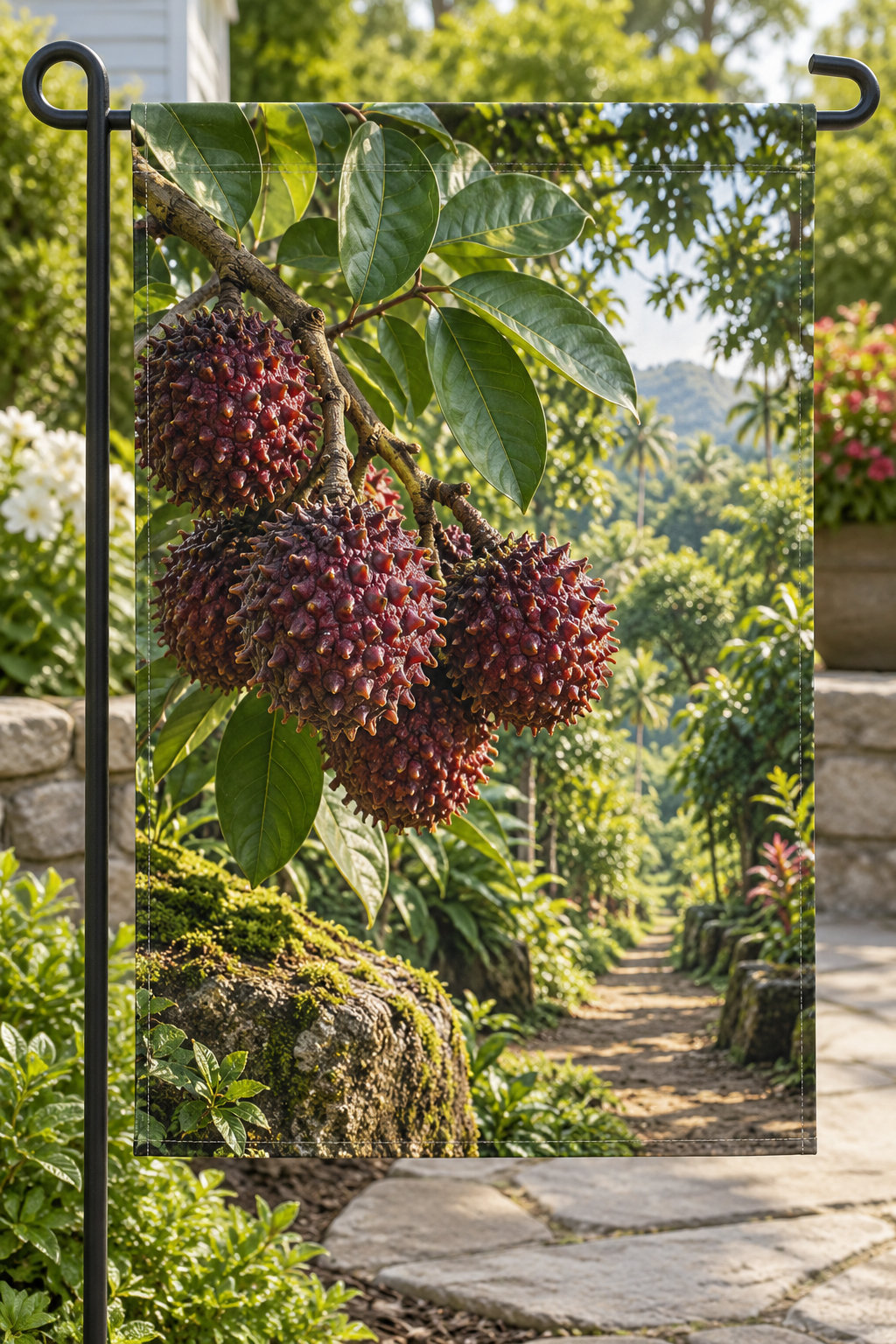 Purple-red pulasan fruits above a deep tropical orchard path printed on a complete hemmed flag
