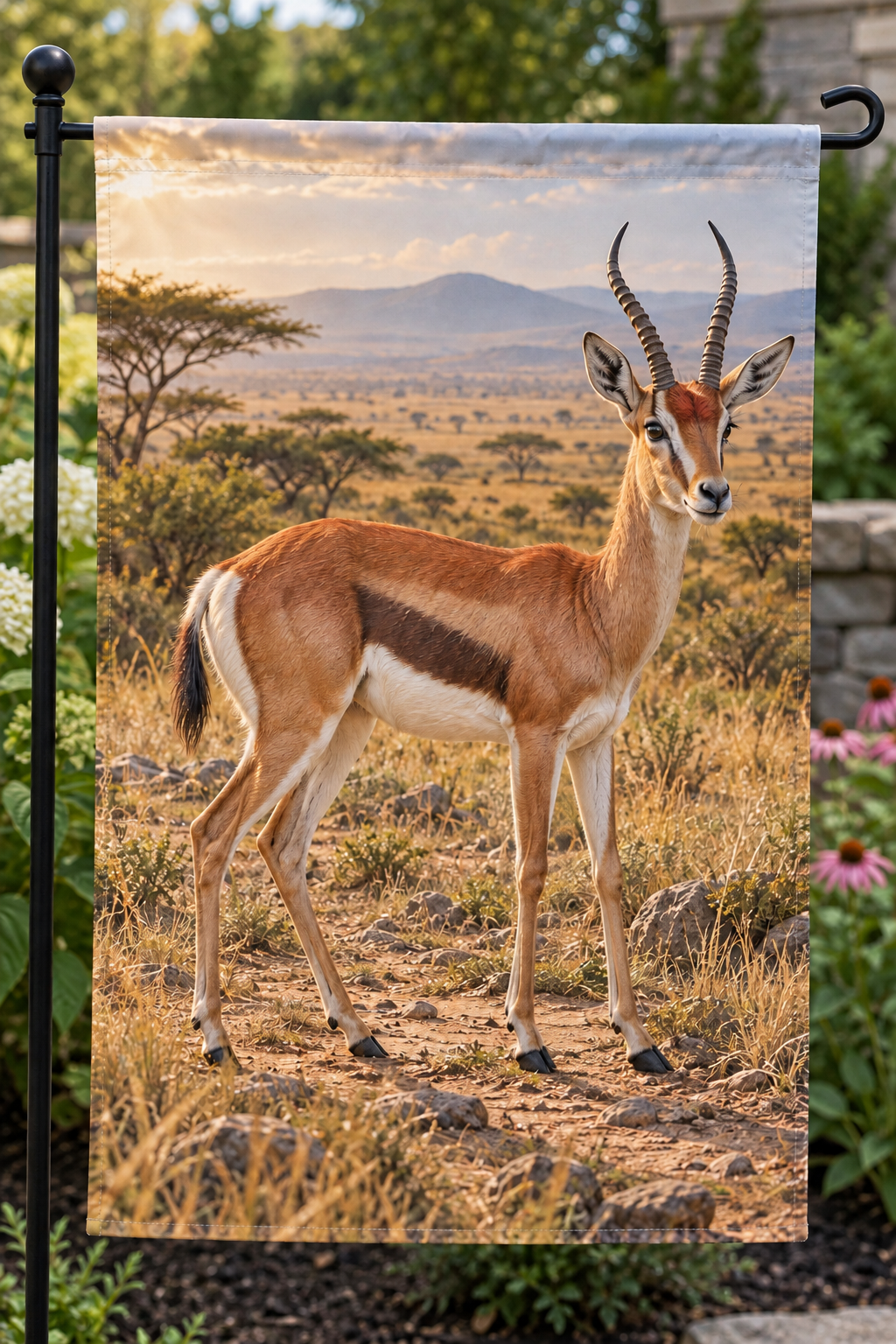 Red-fronted gazelle among grasses before deep Sahel acacia grassland printed on a complete hemmed flag