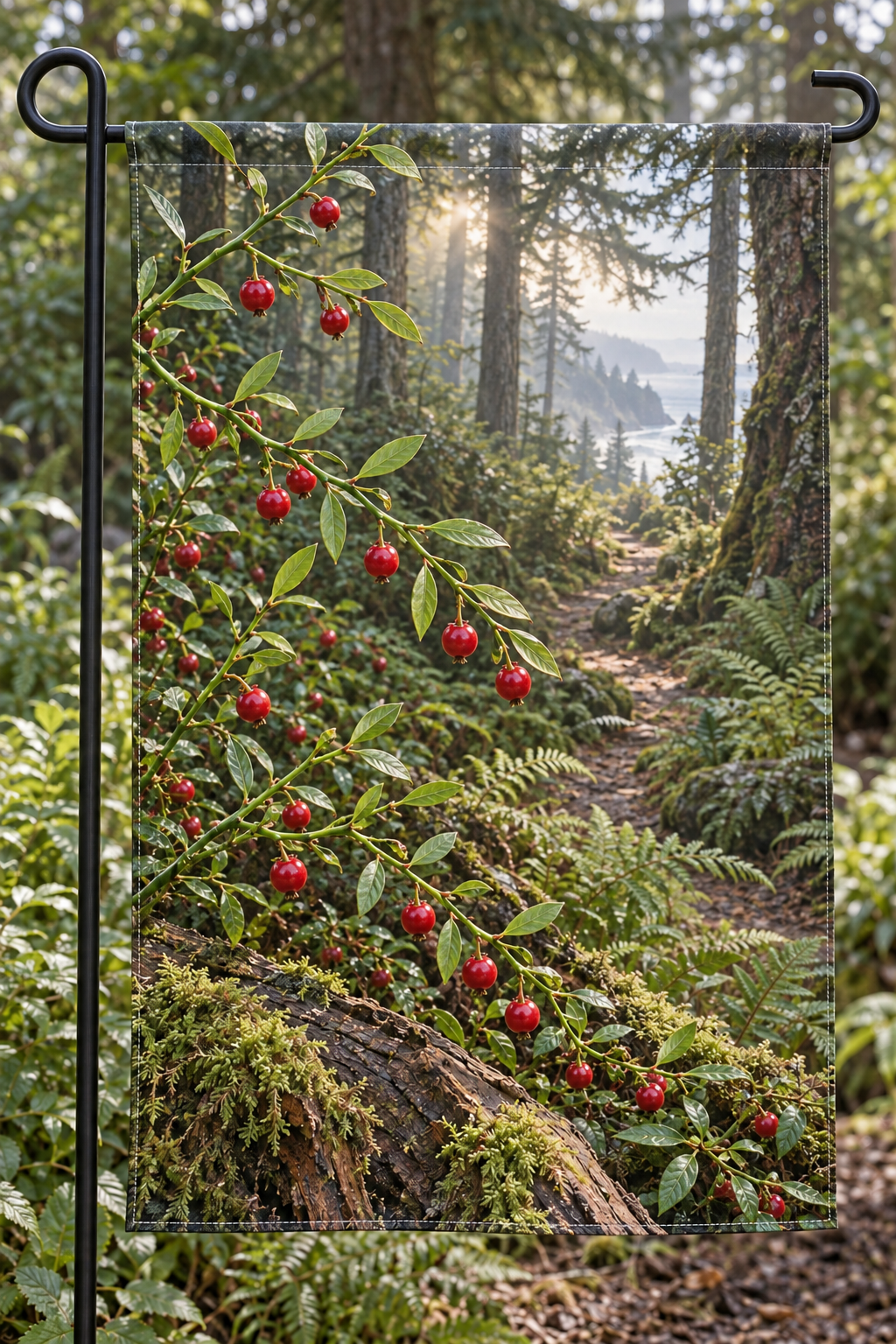 Individual red huckleberries on green angular stems above a mossy log and deep coastal woodland trail printed on a complete hemmed flag