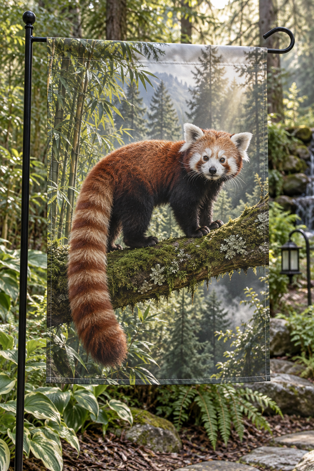 Red panda with ringed tail on a mossy branch before deep bamboo woodland printed on a complete hemmed flag