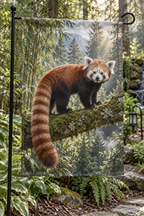 Red panda with ringed tail on a mossy branch before deep bamboo woodland printed on a complete hemmed flag