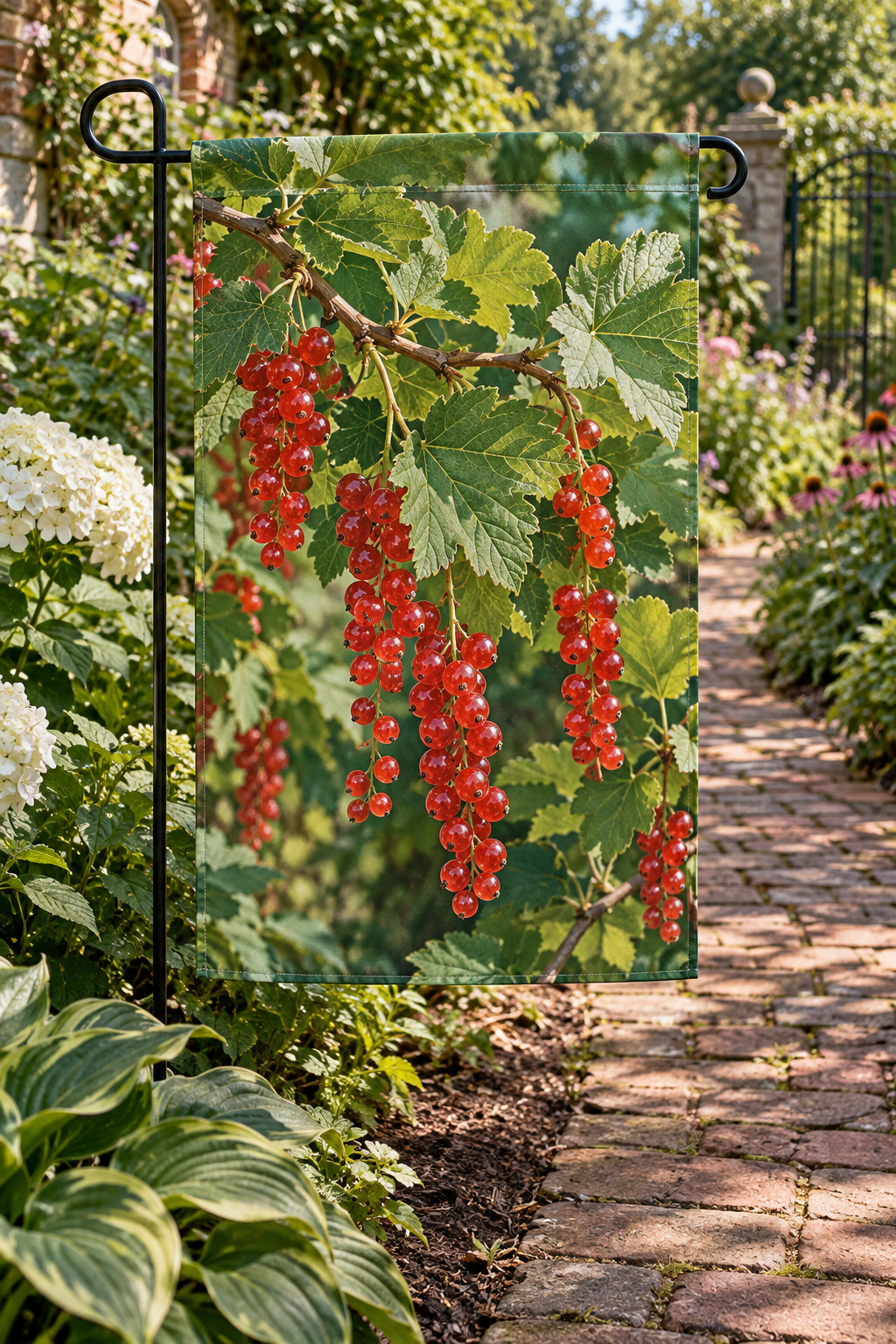 Translucent redcurrants on long racemes and lobed leaves before a deep cottage garden printed on a complete hemmed flag