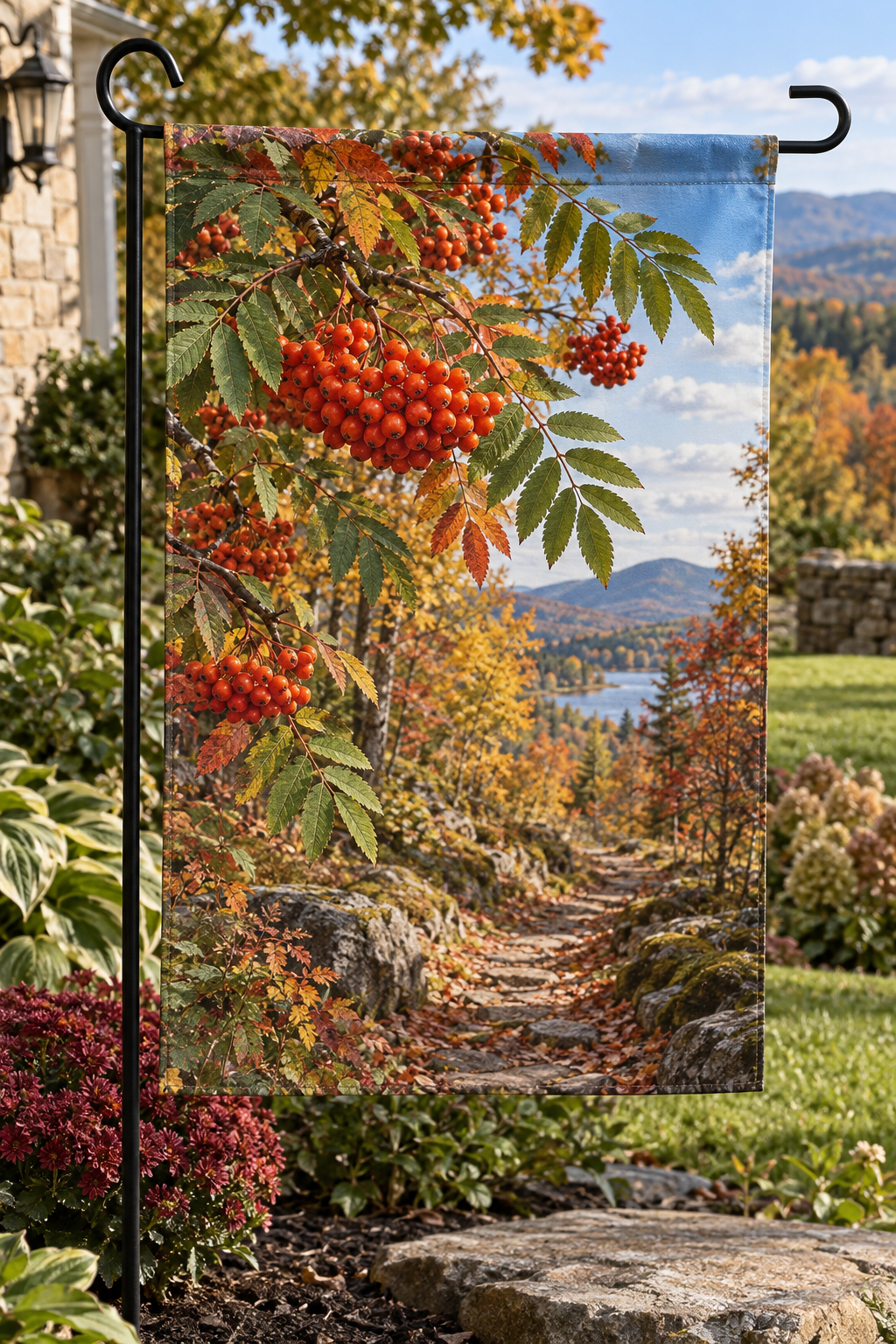 Orange-red rowan clusters and pinnate leaves before a deep autumn mountain woodland printed on a complete hemmed flag