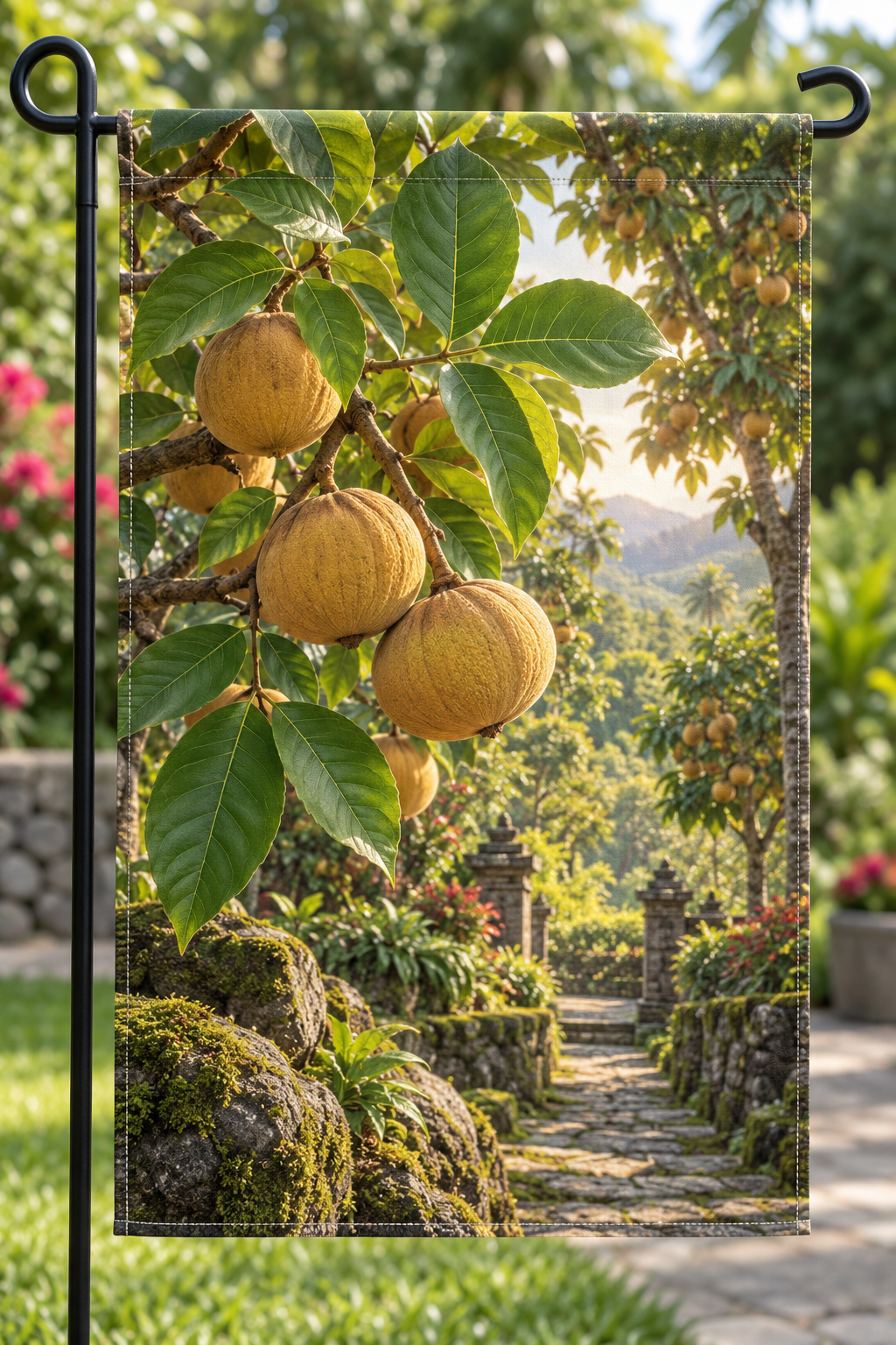 Golden-brown santol fruit and trifoliate leaves before a deep orchard path printed on a complete hemmed flag