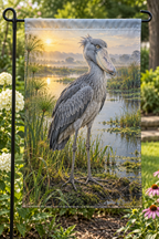 Grey shoebill beside papyrus and deep winding marsh water printed on a complete hemmed flag