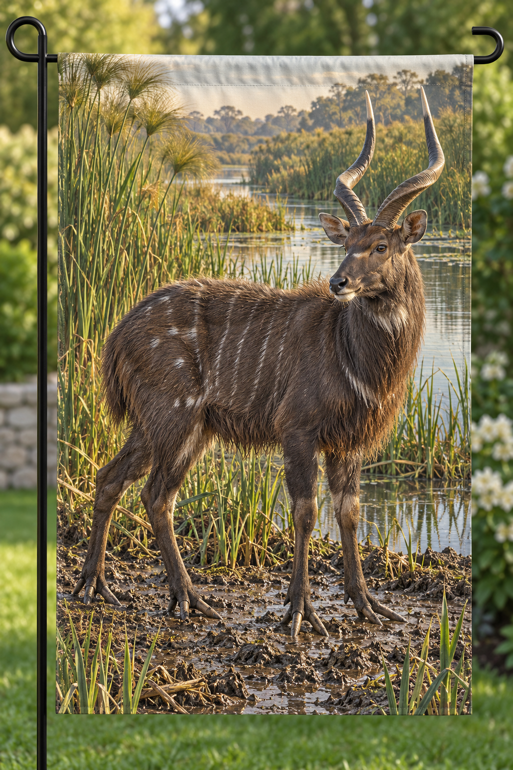 Sitatunga among reeds beside a deep reflective marsh channel printed on a complete hemmed flag