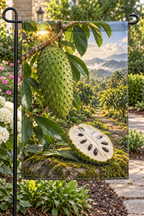Green soursop with white pulp and black seeds before a deep orchard path printed on a complete hemmed flag
