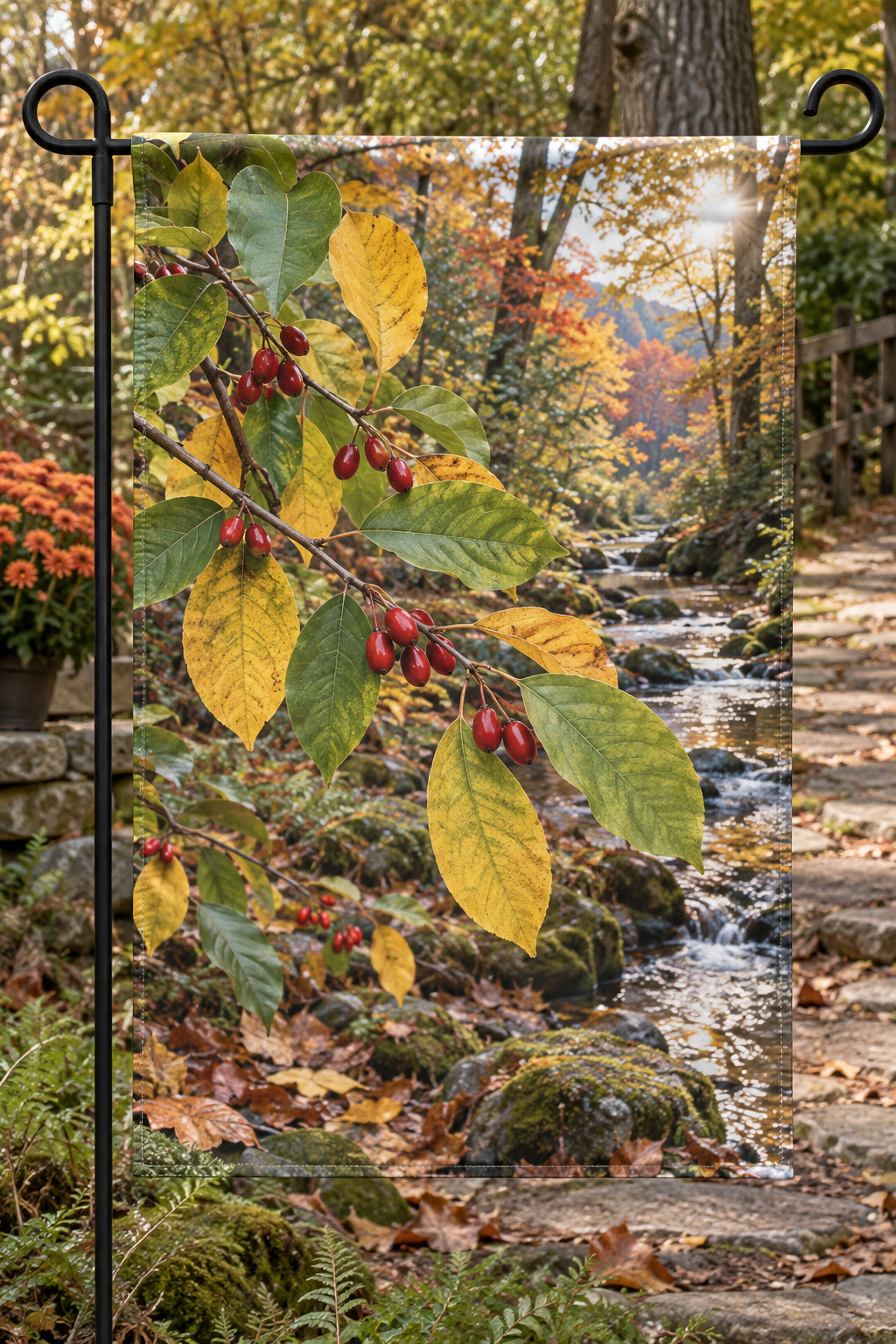 Red spicebush fruit and green-to-gold leaves beside a deep autumn woodland stream printed on a complete hemmed flag