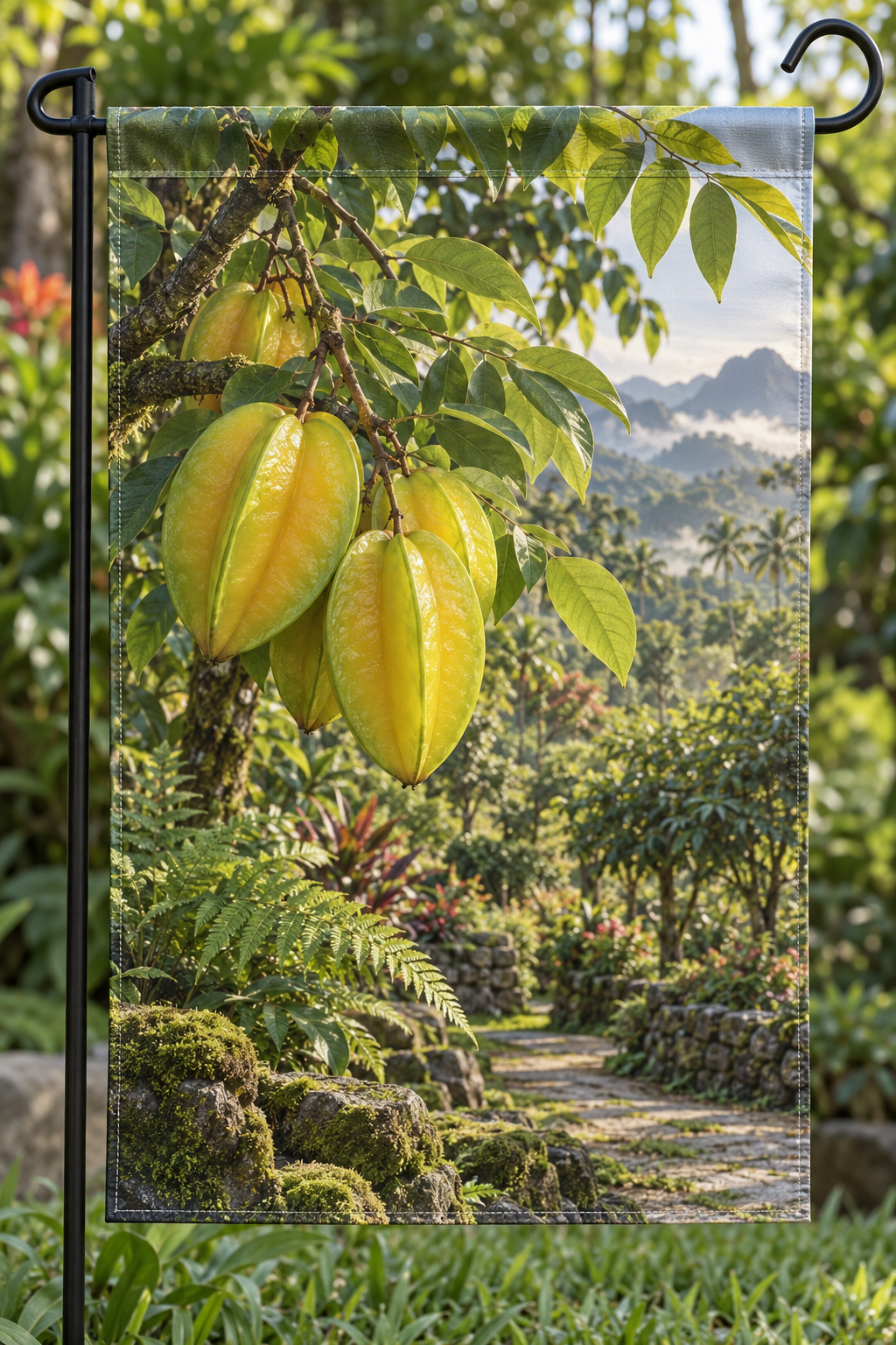 Golden ridged starfruit and green leaflets before a deep orchard path printed on a complete hemmed flag