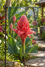 Crimson-pink torch ginger cone and tropical foliage printed on a complete garden flag