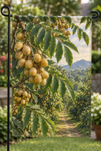 Brown-yellow wampee fruit clusters and pinnate leaves before a deep orchard path printed on a complete hemmed flag