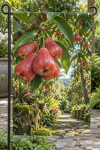 Rosy-red bell-shaped wax apples and oval leaves before a deep orchard path printed on a complete hemmed flag
