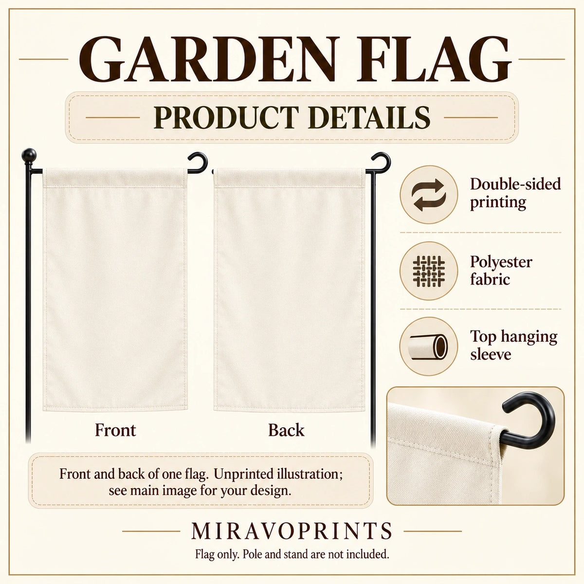 Garden Flag features guide: unprinted illustration; see main image for purchased design