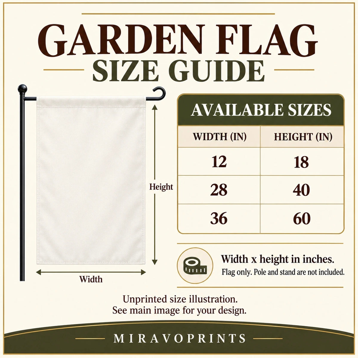 Garden Flag sizes guide: unprinted illustration; see main image for purchased design