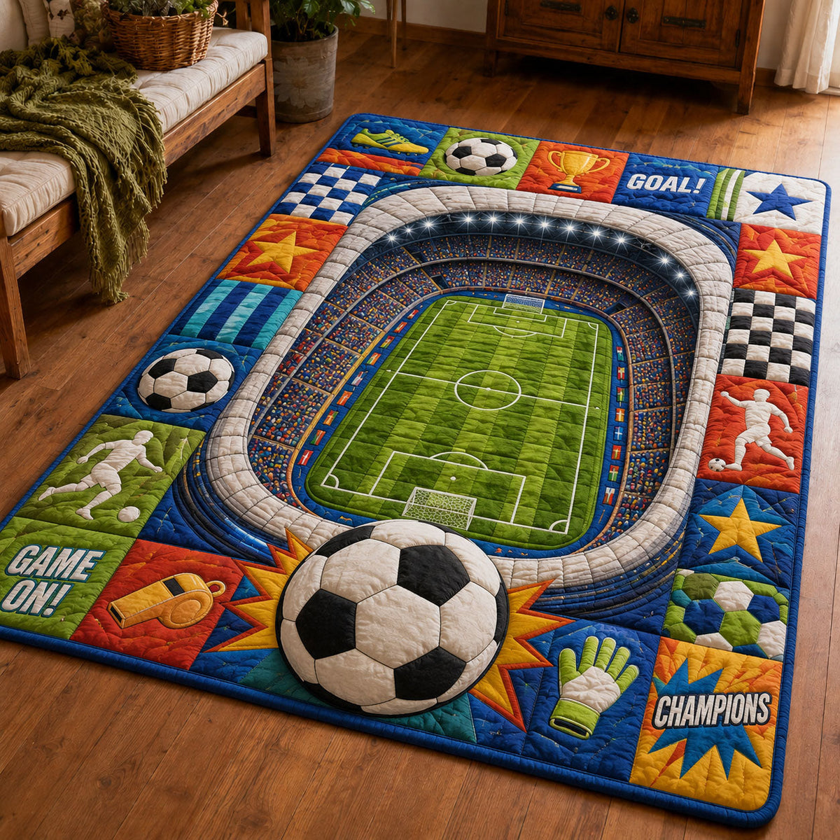 Game On Championship area rug in a living room