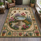 Garden Birdbath Sanctuary area rug in a living room