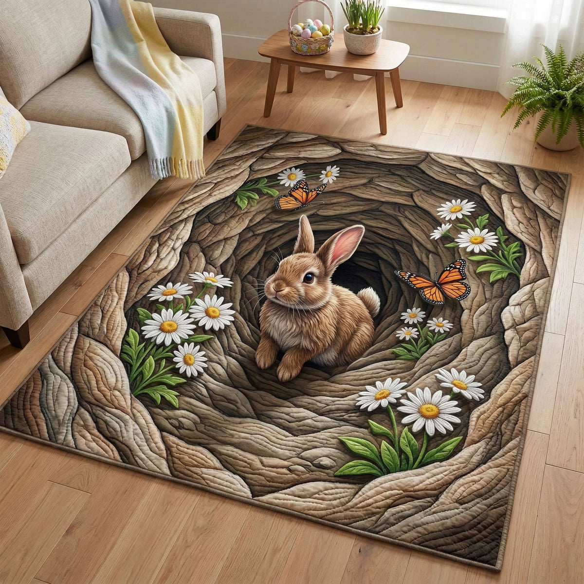 Garden Bunny area rug in a living room