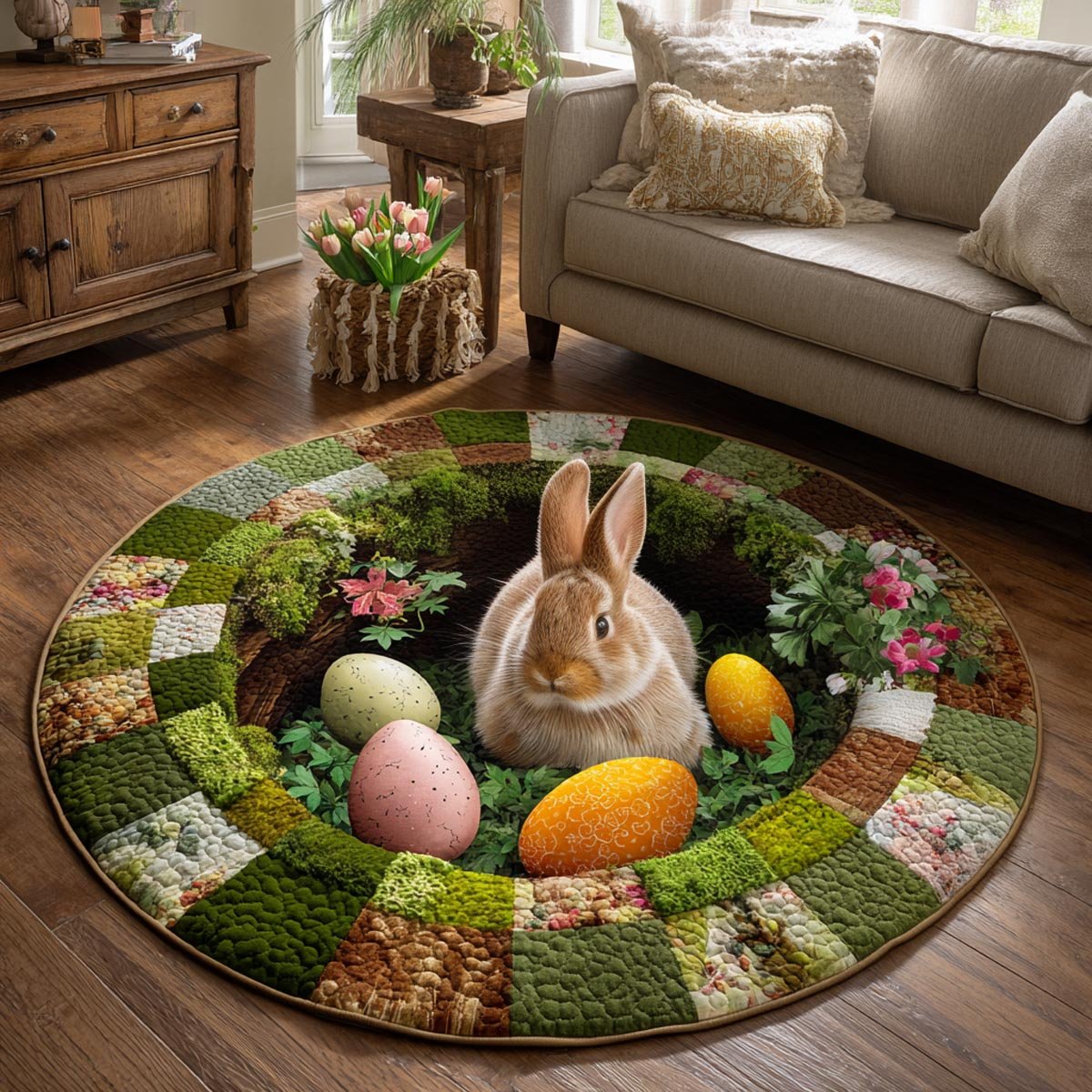 Garden Bunny Round Mat Rug - washable non-slip printed rug