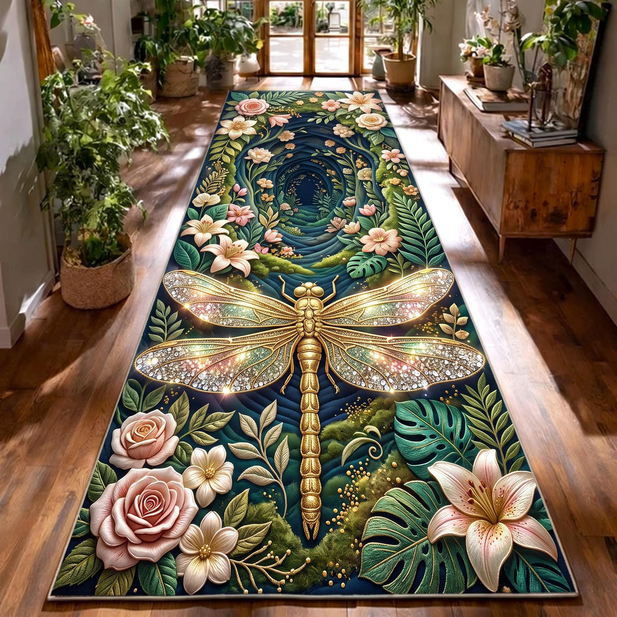 Garden Dragonfly Runner Rug - Cute Animal Design | Charming Runner Rug - washable non-slip printed rug
