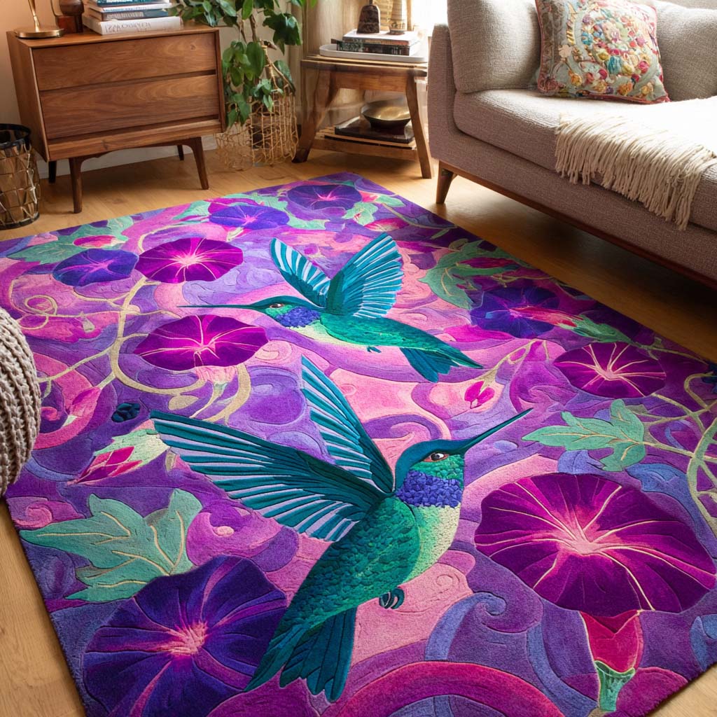 Garden Hummingbird area rug in a living room