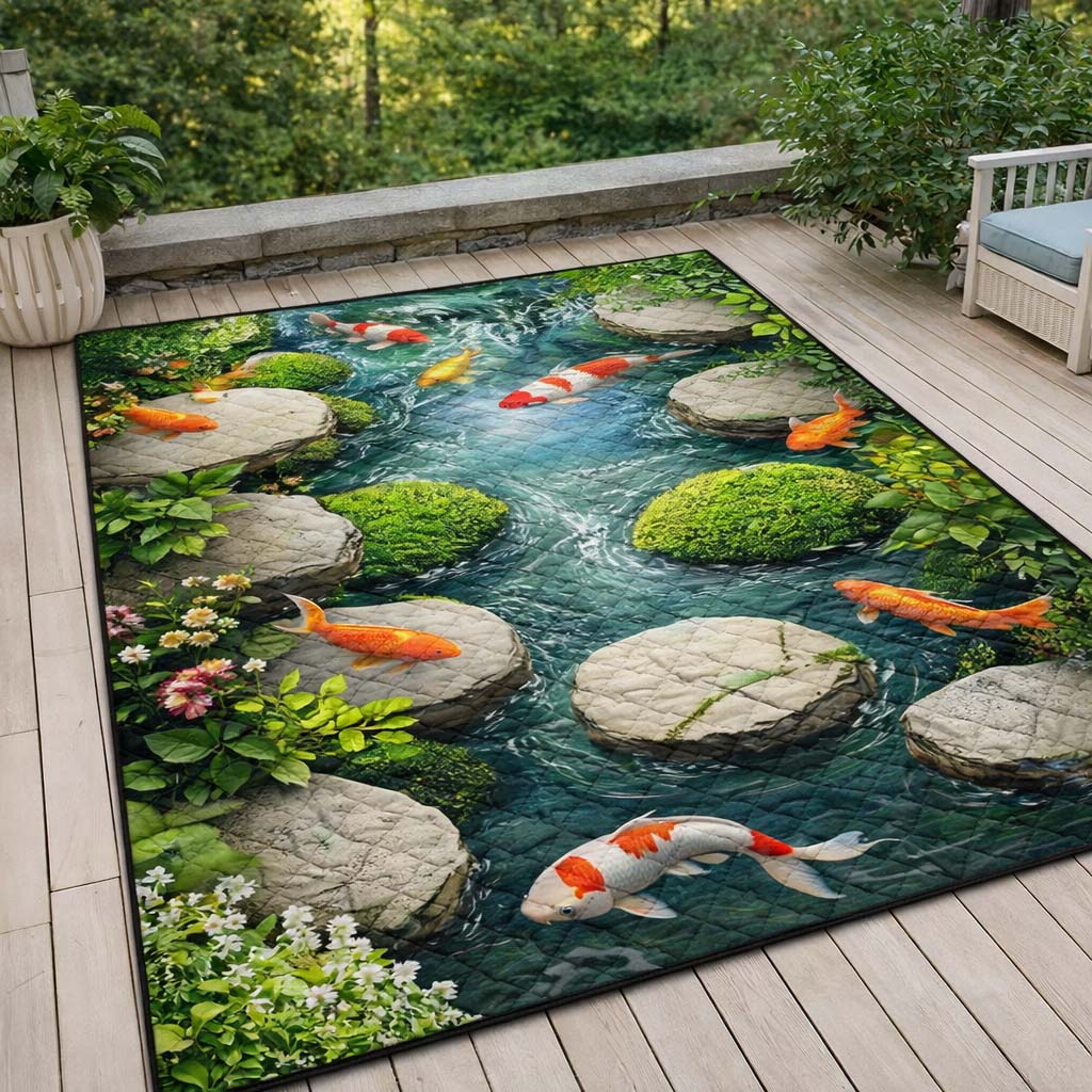 Garden Koi Stream area rug in a living room