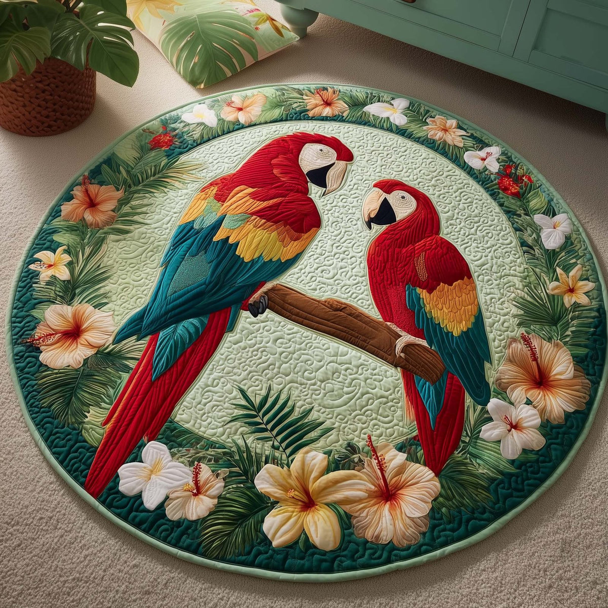 Garden Parrots Round Mat Rug - washable non-slip printed rug