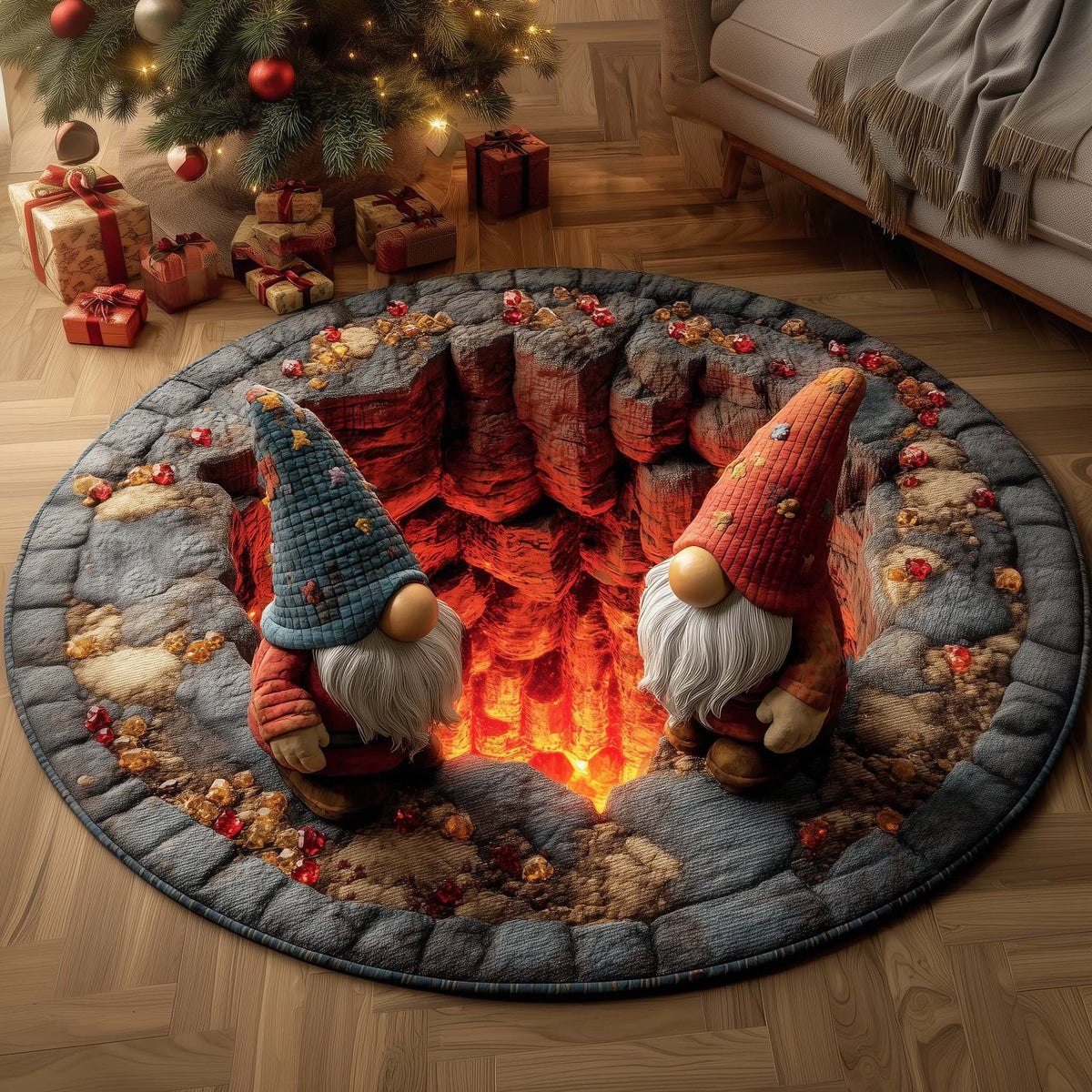 Gemstone Gnomes Round Mat Rug - washable non-slip printed rug