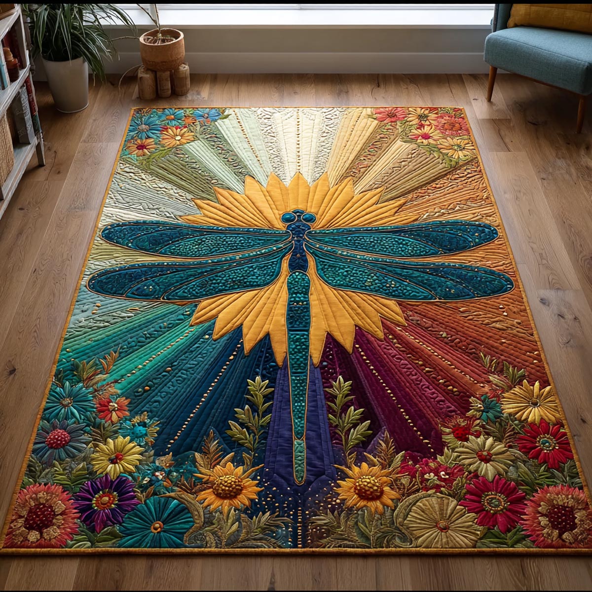 Gentle Dragonfly area rug in a living room