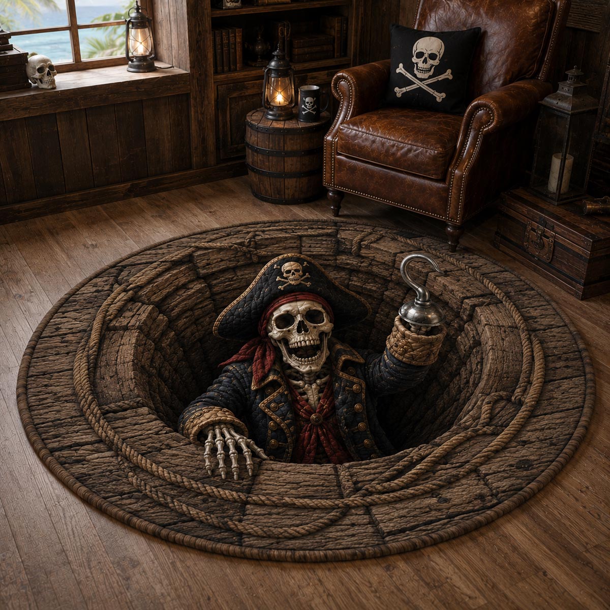 Ghost Captain Round Mat Rug - Seasonal Design | Festive Home Decor (Design 1) - washable non-slip printed rug