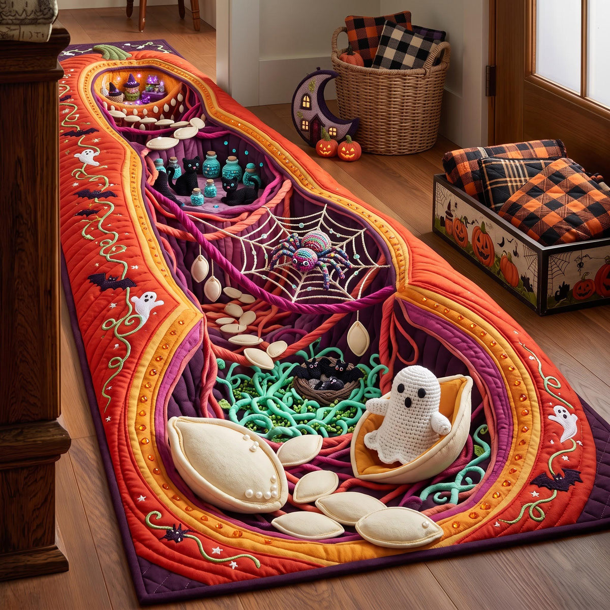 Ghost Hollow Runner Rug - Seasonal Design | Festive Runner Rug - washable non-slip printed rug