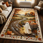 Ghost Pumpkin Wagon Autumn Landscape area rug in a living room