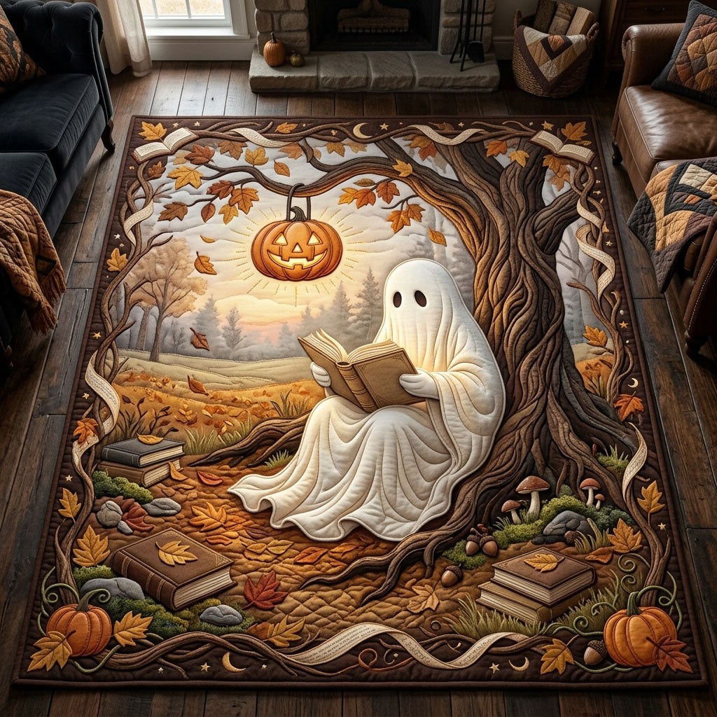 Ghost Reading Under Pumpkin Lantern area rug in a living room