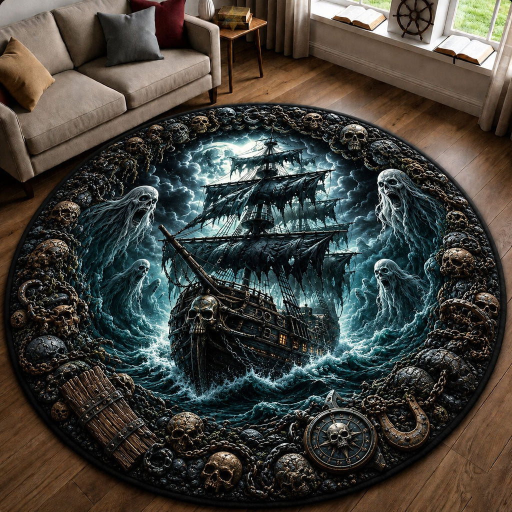 Ghost Ship Of The Cursed Seas Round Mat Rug - Nature Design | Serene Home Decor