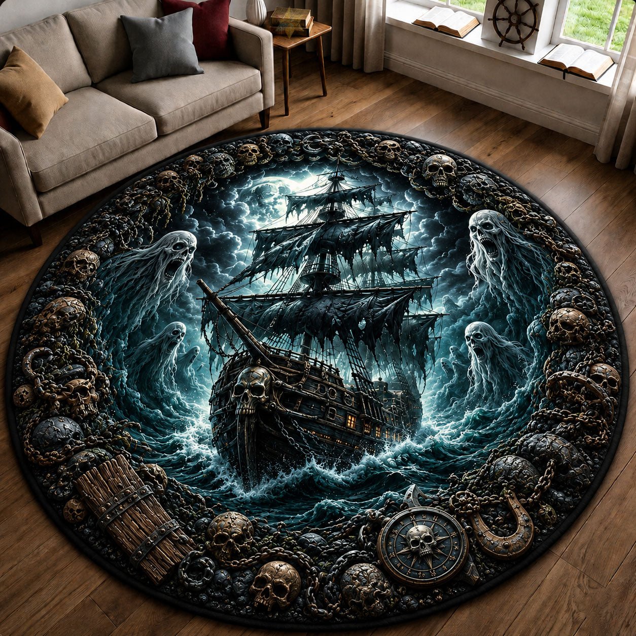 Ghost Ship Of The Cursed Seas Round Mat Rug - Nature Design | Serene Home Decor