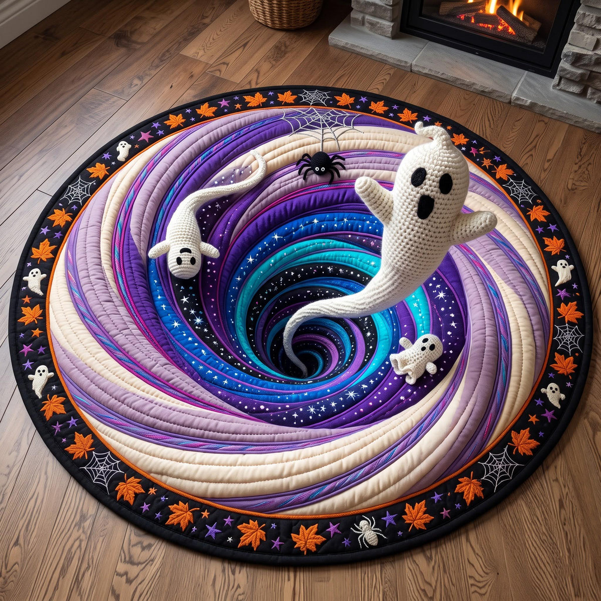Ghost Spiral Round Mat Rug - Seasonal Design | Festive Home Decor - washable non-slip printed rug