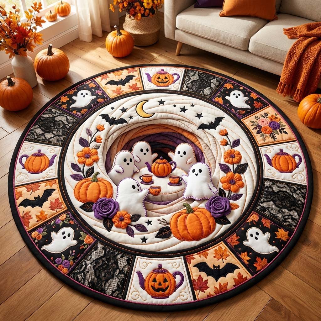 Ghost Tea Party Halloween Round Mat Rug - Non-Slip Washable Round Area Rug for Bedroom & Living Room