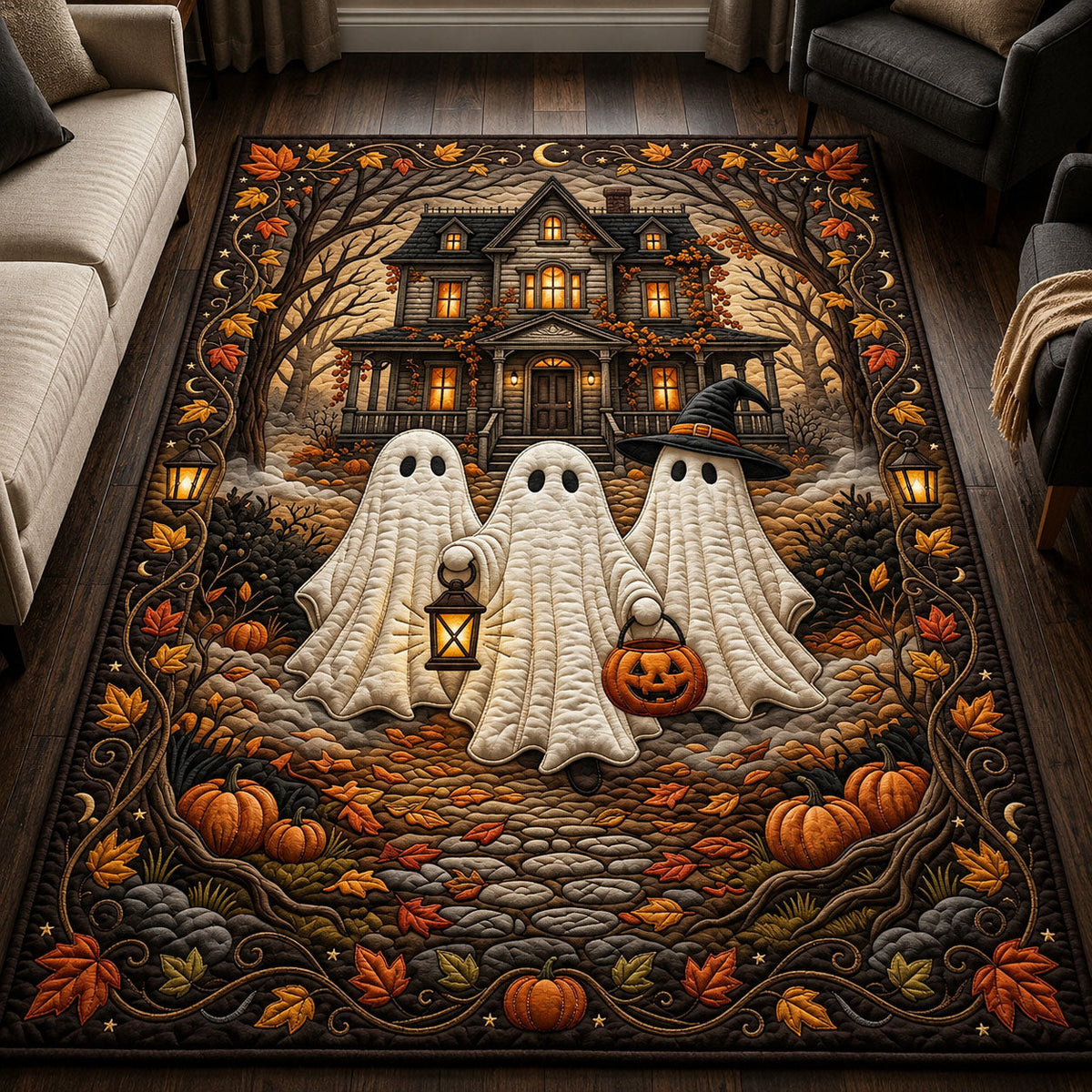 Ghost Trio With Lantern area rug in a living room