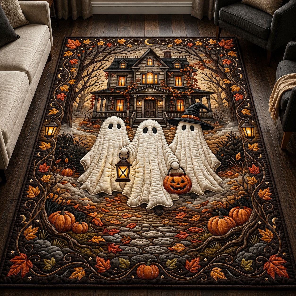 Ghost Trio With Lantern area rug in a living room