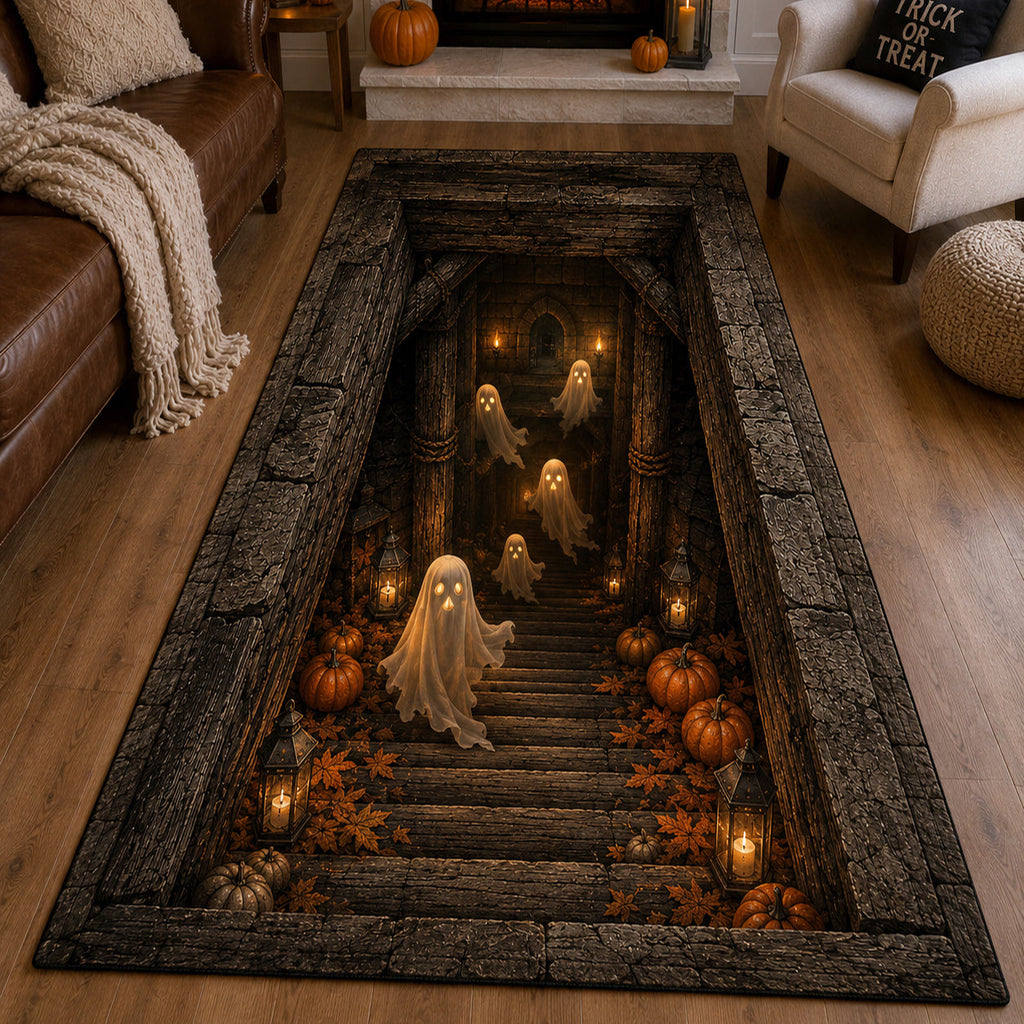 Ghostly Lantern Descent Runner Rug - Seasonal Design | Festive Runner Rug (Design 1) - washable non-slip printed rug