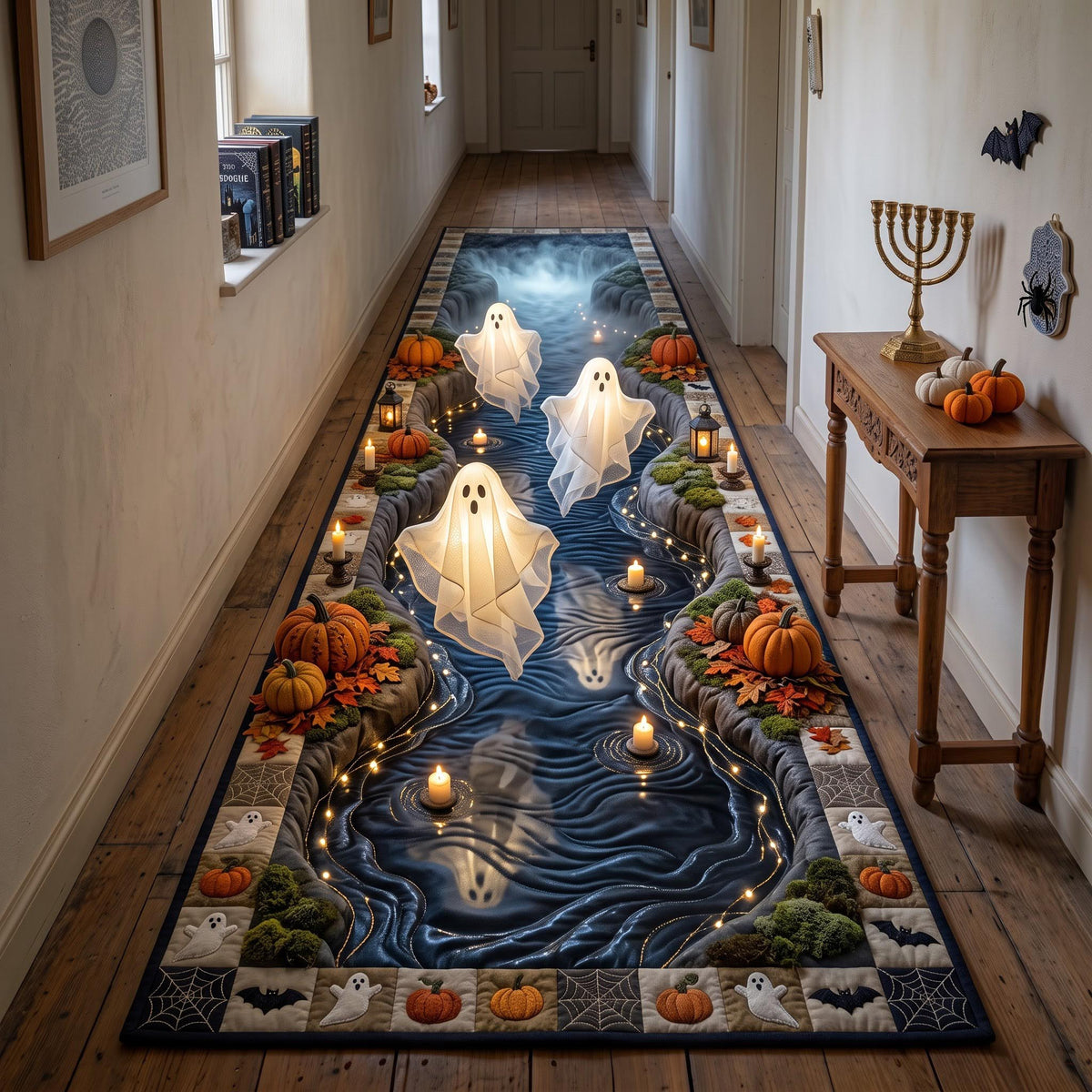 Ghostly River Runner Rug - Seasonal Design | Festive Runner Rug - washable non-slip printed rug