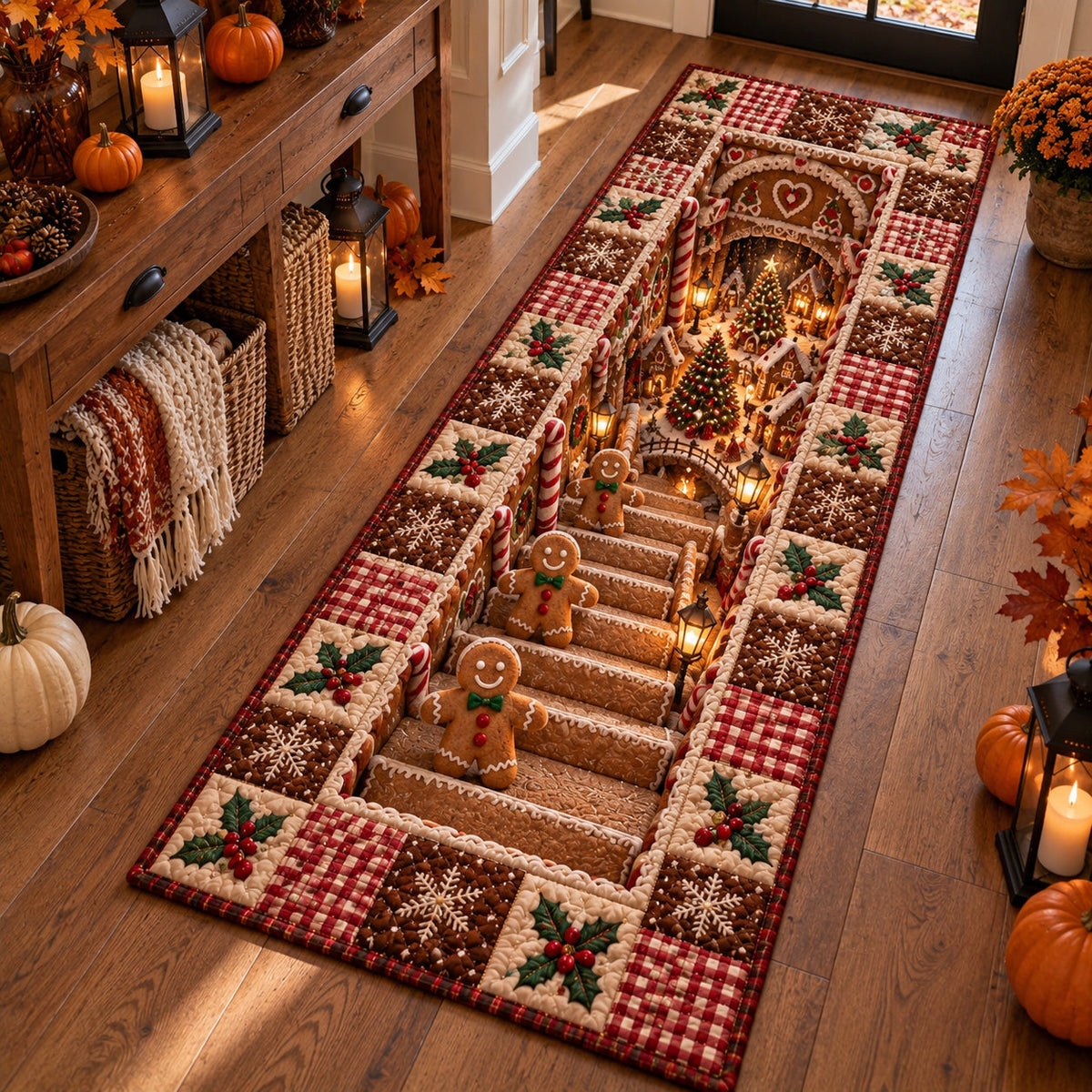 Gingerbread Holiday Stairway Runner Rug - Nature Design | Serene Runner Rug - washable non-slip printed rug