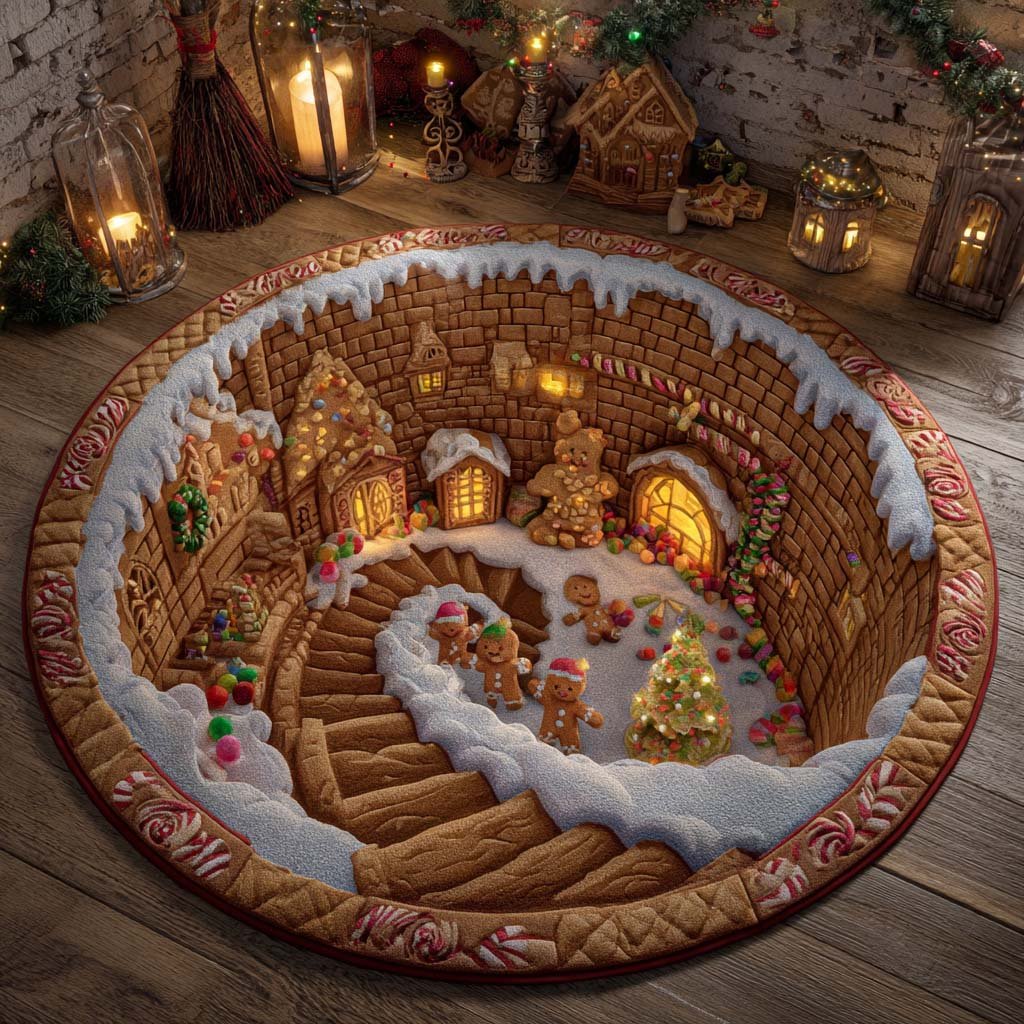 Gingerbread Tunnel Delight Round Mat Rug - washable non-slip printed rug