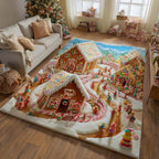 Gingerbread Village Nightfall area rug in a living room
